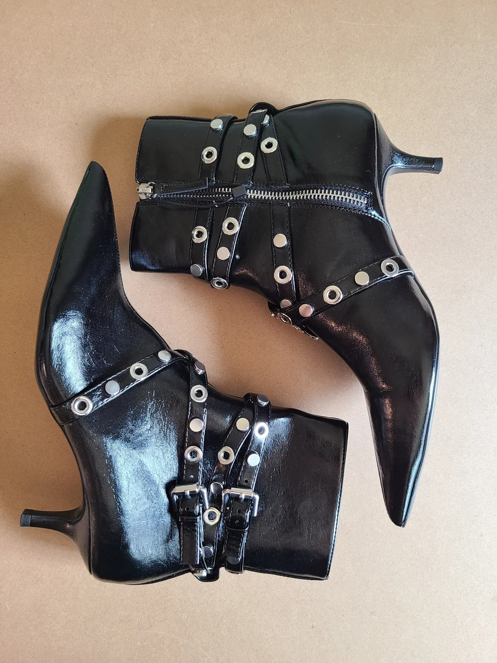 Zara Black Pointed-Toe Grommet Strap Ankle Booties